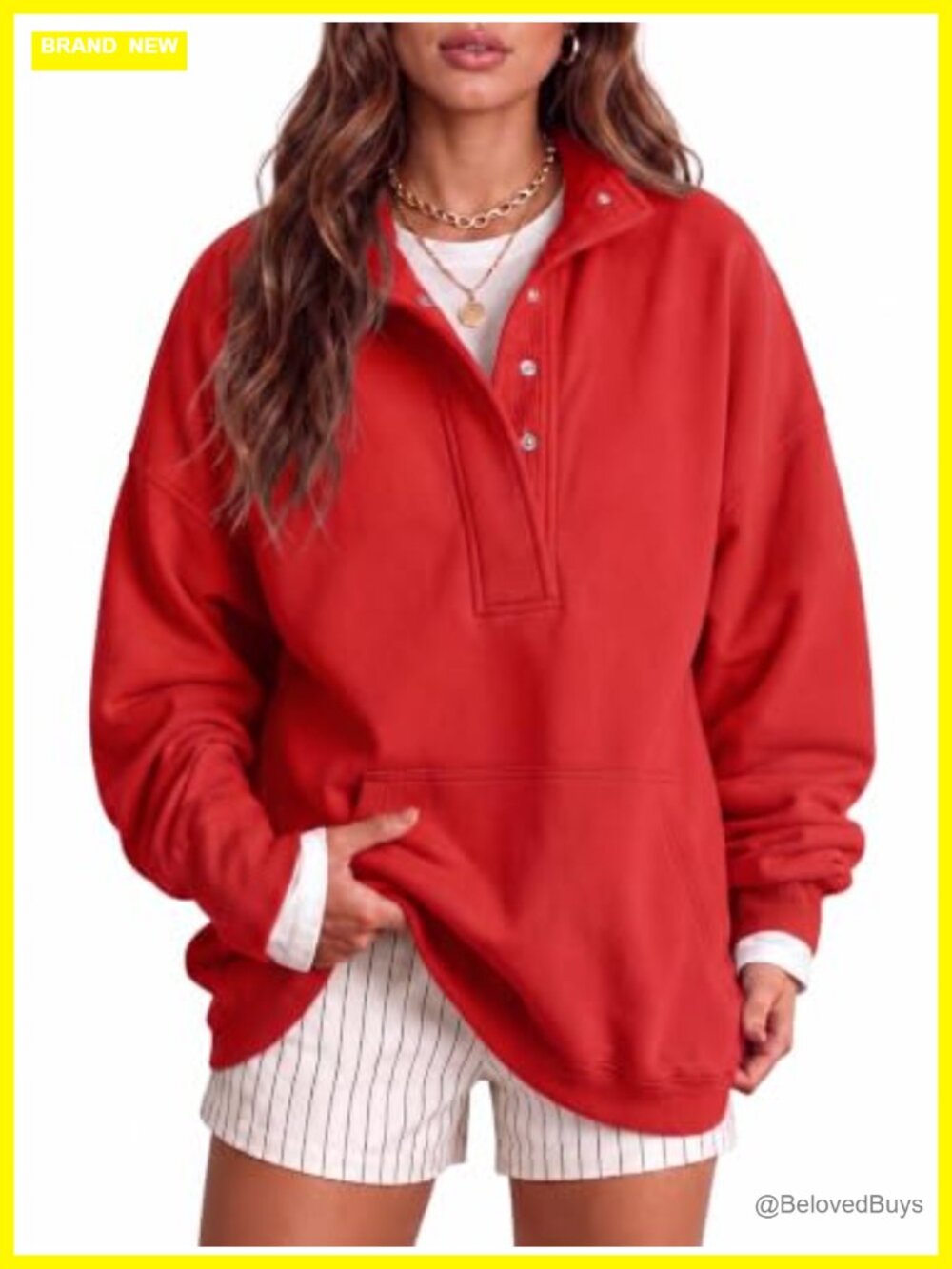 Oversized Henley Neck Sweatshirt Snaps Pullover Casual